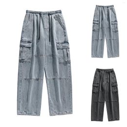 Men's Jeans Men Wide Leg Loose Straight Denim Pant Fashion Streetwear Elastic Waist Drawstring Pocket Patchwork Pantalones