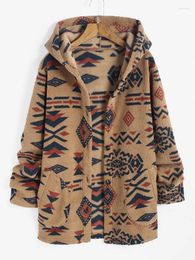 Women's Jackets ZAFUL Hooded Aztec Print Geometric Style Pockets Long Tribal Geo Printed Fluffy Teddy Coat For Winter