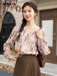 Women's Blouses MISHOW French Lace Patchwork V Neck Shirt For Women 2023 Autumn Long Sleeve Floral Print Blouse Cute Office Lady Tops