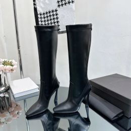 Сапоги до колена из черной телячьей кожи, ботильоны на высоком каблуке 10,5 см, украшенные застежкой-молнией, модные эластичные ботинки, роскошные дизайнерские женские туфли, фабричные туфли, размер 35-42, с коробкой