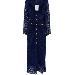 Casual Dresses Y2K Female Blue Lace Lapel Maxi Dress Fashion Runway Single Breasted Slimming Waist Up Chic 23Women High End Clothes