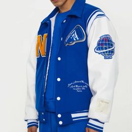 Men's Jackets Neutrals Blue Varsity Bomber Jacket Man Contrast Sleeve PU Leather Coats Embroidery Jaded Casual London Baseball Jackets Women 231202