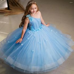 Girl Dresses Simple Floor Length Girl's Prom One-shoulder Sky Blue Floral Kids Christmas Party Gown A-line Pageant Dress 2024