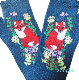 Five Fingers Gloves Fashion Women's Autumn Knitted Handmade Embroidery Gs Embroidered Fox Flowers Mid Long Half Finger Warm Wool Winter GsL