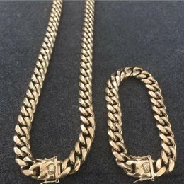 12mm Men Cuban Miami Link Bracelet & Chain Set 14k Gold Plated Stainless Steel239V
