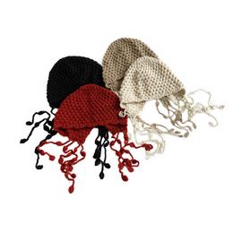 M687 New Autumn Winter Womens Knitted Hat Literary Retro Tassels Balls Crochet Skull Beanies Caps Lady Warm Woolen Hats