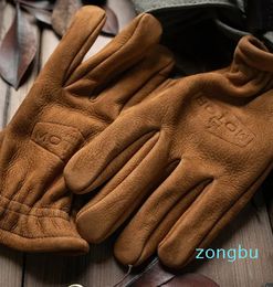 Fingerless Gloves Men's Frosted Genuine Leather Gloves Men Motorcycle Riding Full Finger Winter Gloves With Fur Vintage Brown Cowhide Leather