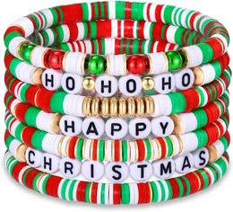 7pcs Christmas Beaded Bracelets Set Holiday Heishi Stretch Strands Red Green Polymer Clay Letter Stackable Friendship Charms Summer Surfer Beach Jewellery Gifts