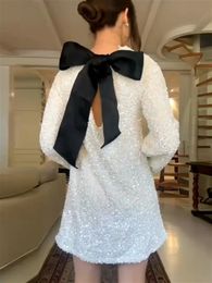 Urban Sexy Dresses Chic Sequin Dress for Women Elegant O-Neck Long Sleeves Bow Mini Dress Female Autumn Shiny Christmas Club Party Short Dresses 231204