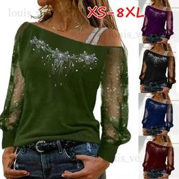 Women's T-Shirt Women Fashion Casual Diagonal Collar Long Sleeve Tops Ladies Sexy Off Shoulder Loose T-shirts Net Yarn Pullover Blouses T231204