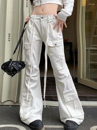 Women's Jeans 2023 Y2K Fashion Multi Pockets White Baggy Flare Cargo Pants For Women Korean Clothing Casual Lady Long Trousers Pantalons