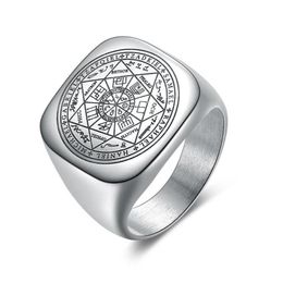 Solomon Rings for Men Silver Color Magic Runes Stainless Steel Signet Rings Pagan Amulet Male Jewelry270g