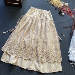 Skirts Japan Style Retro Cotton Linen Hollow Out Embroidery Mesh Skirt Mori Girl Elastic Waist Lace Double-layer