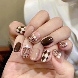 False Nails 24pcs Wearable Milky Brown Press On Tips Diamond Rhinestone Design Fake Full Coverage Waterproof With Jelly Glue