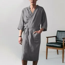Men's Sleepwear Men Nightgown Bath Robe Soft Super Water Absorption Lace Up Cardigan Three Quarter Sleeves Pockets Loose Bathrobe