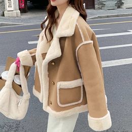 Womens Jackets GIDYQ Winter Lamb Fur Jacket Women Korean Suede Motorcycle Snow Parka Thickened Short Coat Fashion Sweet Warm Outerwear 231202