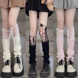 Women Socks Y2K Sweet Knitted Kawaii JK Lotita Lace Bow Leggings Cross Strap Tie-up Long Over Knee Streetwear Boot Cuffs