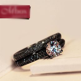 Vintage Female Crystal Round Wedding Ring Set Fashion Black Gold Bridal Engagement Ring Promise Zircon Stone Rings For Women282Q