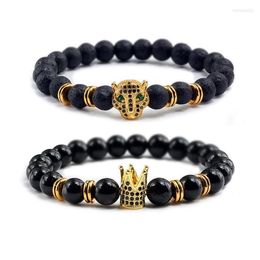 Strand Black Natural Volcanic Stone Bracelets Leopard Head Crown Elastic Rope Frosted Beaded Bangles Fashion Jewellery For Couples H328v