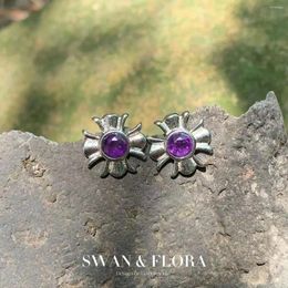 Stud Earrings Natural Amethyst For Women Stone 925 Sterling Silver Vintage Femme Gift Prevent Allergy Fine Jewelry