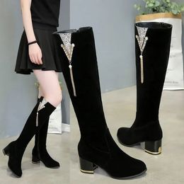 Boots Winter Women's Long Boots Fashion Rhinestone Thick-heeled High-heeled Knee-high Boot Zipper Retro Knight Boot Women Shoes 231204