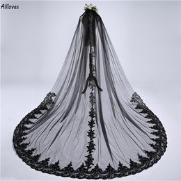 Gothic Black Veils Lace Appliqued One Layer Tulle Vintage Wedding Veil Women Hair Accessories Prom Occasion Muslim Veils 3m Length CL2995