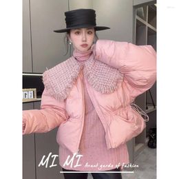 Women's Trench Coats Short Cotton Coat Feminine Style Folded Doll Collar Small Fragrant Winter Sweet Contrasting Colour Warm Jacket