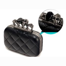 New-Fashion Woman Leather Evening Clutch Hand Bags Creepy Skull Rings Handbag Halloween Party Chain Shoulder Bag Plaid Purse XA219265J