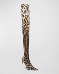 2023 new style Knee Boots sheepskin leather pillage toe Thigh-High booties Casual Dress shoes stiletto heels Elastic Cotton colourful Leopard print size 35-43