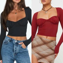 Women's T Shirts Women Square Neck Top Slim Fit Y2k Crop Solid Color Pullover Pleated Bustier Shirt Going Out