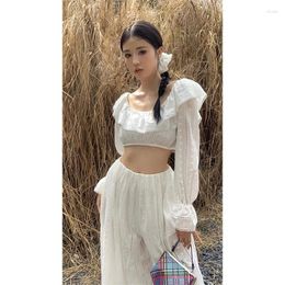 Women's Two Piece Pants 2023 Autumn Fashion Embroidery Ruffle Short Long Sleeve Shirt Casual Loose Wide Leg Set For Women Clothes
