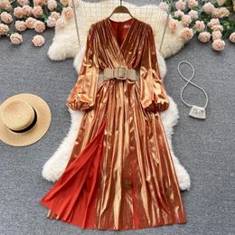 Casual Dresses European And American High-end Temperament V-neck Waist Thin Light Mature Style Large-swing Long Dress Women