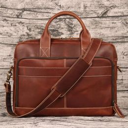 Briefcases Luxury Brown Natural Crazy Horse Leather Men Briefcase Genuine 15" Laptop Bag