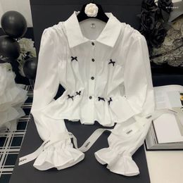 Women's Blouses Korean Casual Style Turn-down Collar Puff Sleeve Short 2023 Autumn Women Black Bow Single Breasted White Shirts