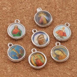200pcs lot Enamel Catholic Religious Church Medals Saints Spacer Charm Beads 14x11 4mm Antique Silver Pendants L1706245W