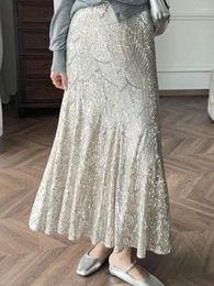 Skirts Silver Sequin A-line Fishtail Skirt Vintage For Woman Long Dress Korean Fashion Y2k Clothing Faldas Para Mujeres