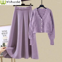 Work Dresses Autumn And Winter Set Women's 2023 Korean Edition Slim Knitted Cardigan Top Casual Half Skirt Two Piece Fashion