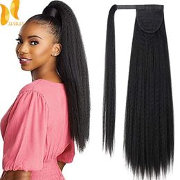 Synthetic Wigs XINRAN synthetic Straight LongPonytailHair 24 Inch Magic Paste Heat Resistant Wrap Around Yaki Ponytail for Black Women 231204