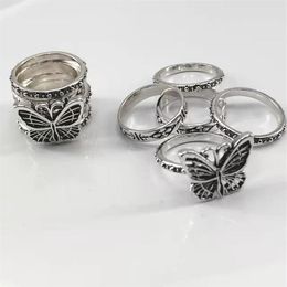 Cluster Rings 5 Pieces set Of Retro Fashion Hip-hop Ring Set Butterfly Multi-layer Couple Trend Personality Female Size 5#-10#250O