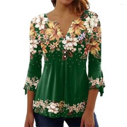 Women's T Shirts Elegant Floral Plant Print T-shirt Autumn Women Half Open Button Split Sleeve Pullover Tops Fashion Oversized Ladies Street