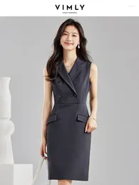 Casual Dresses Vimly Sleeveless Notched Collar Blazer Dress For Women 2023 Autumn Elegant Office Lady Dark Grey Double Breasted M2679