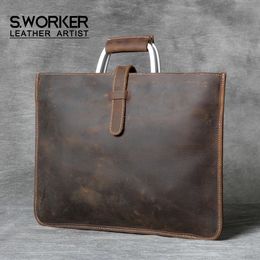 Briefcases S.WORKER Genuine Leather Men's Handbag Simple Briefcase Shoulder Bag Cowhide Leather Messenger Bag Crazy Horse Leather Women 231204