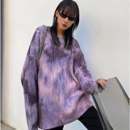 Women's Sweaters Retro Y2K Sweater Design Sense Purple Tie-dye Outer Wear 2023 Ins Style Fried Street Loose Lazy Round Neck