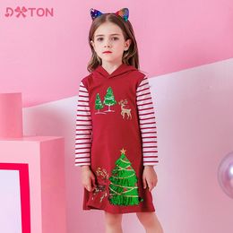 Girl s Dresses DXTON Kids Xmas Year Girls Autumn Winter Hooded Christmas Tree Elk Sequined Appliqued Hoodies Dress 231204
