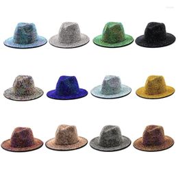 Berets Full Diamond Adjustable Flat Top Fedora Hat Bling Panama Spring Summer Men Wide Brim Felt Stage