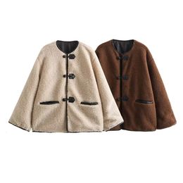Womens Jackets UNIZERA Winter Casual Loose Lamb Fur Coat Round Neck Long Sleeve Versatile 231204