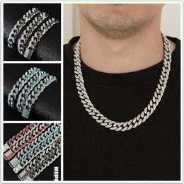 3 Colours 13mm Hiphop Mens Full Red Diamond Cuban Link Chain Necklace Bracelet guys Bling Curb Choker Chains Miami Rapper Jewellery f184I