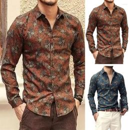 Men's Dress Shirts Men Vintage Shirt Floral Print Casual With Turn-down Collar Button Closure Slim Fit Soft Breathable For Male