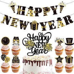 Party Decoration 1Set Happy Year Paper Banner Cake Cupcake Toppers For 2024 Bunting Anniversary Merry Christmas Home Supplies
