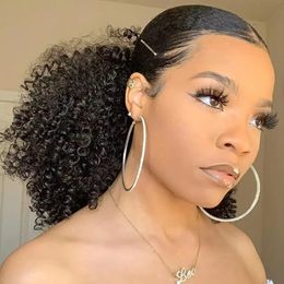 Synthetic Wigs Ponytails Human Hair Afro Kinky Curly s Drawstring Ponytail Brazilian Kinky Curly Wrap Around Ponytail 4B 4C Remy Hair 231204